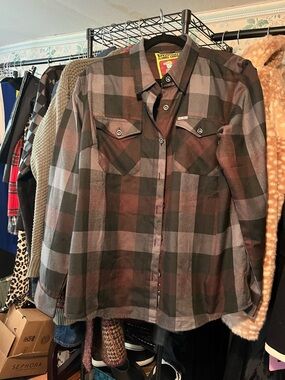 DIXXON Women's Plaid Button-Down Shirt in Brown and Gray